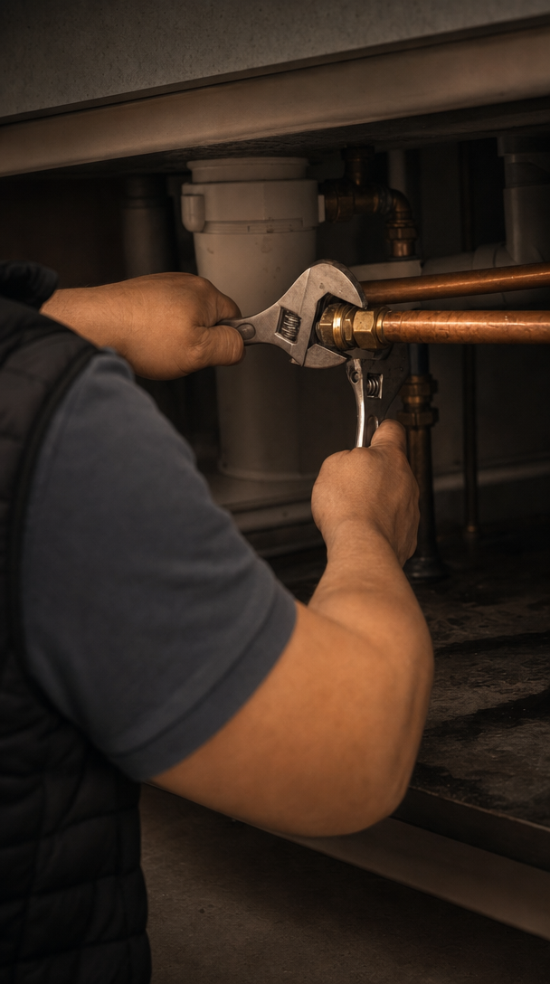 Tightening a compression fitting on copper pipework under a sink